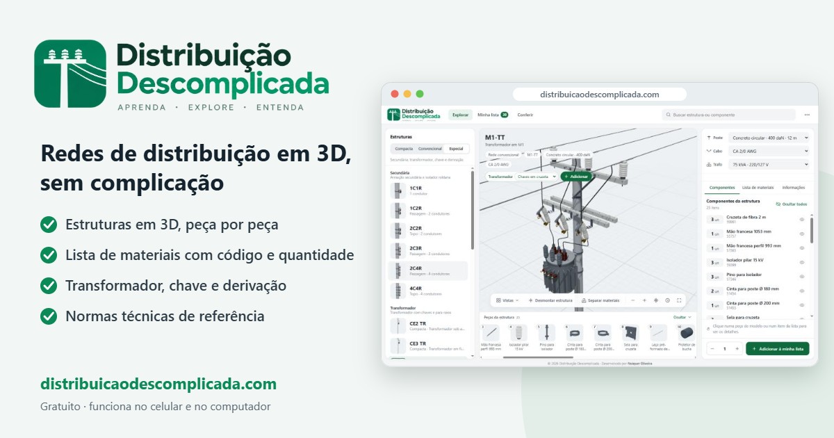Tela do Distribuição Descomplicada com uma estrutura de rede com transformador em 3D